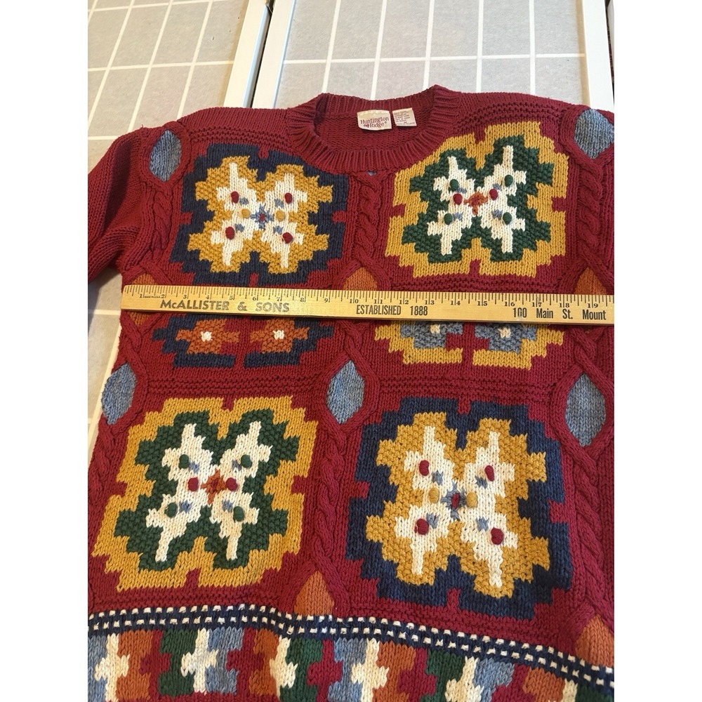 Vintage 80s Huntington Ridge Sweater Womens Medium Red Ramie Knit Geometric - Picture 8 of 10